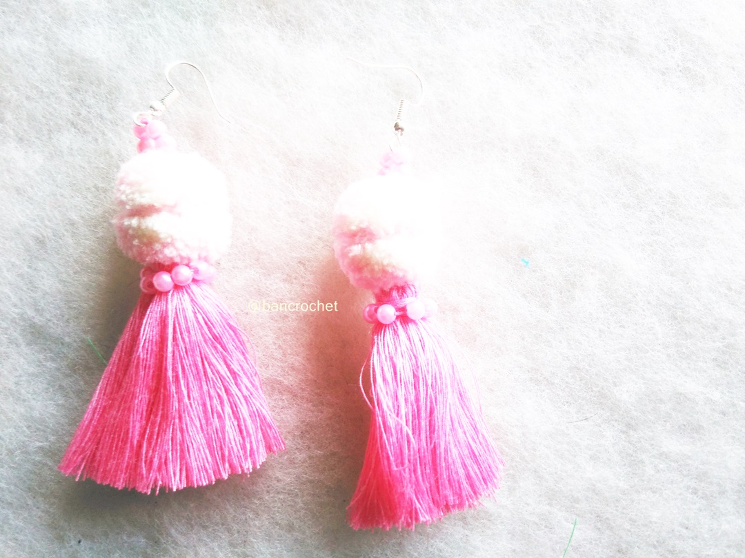 ต่างหูถักโครเชต์ crochet earrings สีชมพู 4 นิ้ว