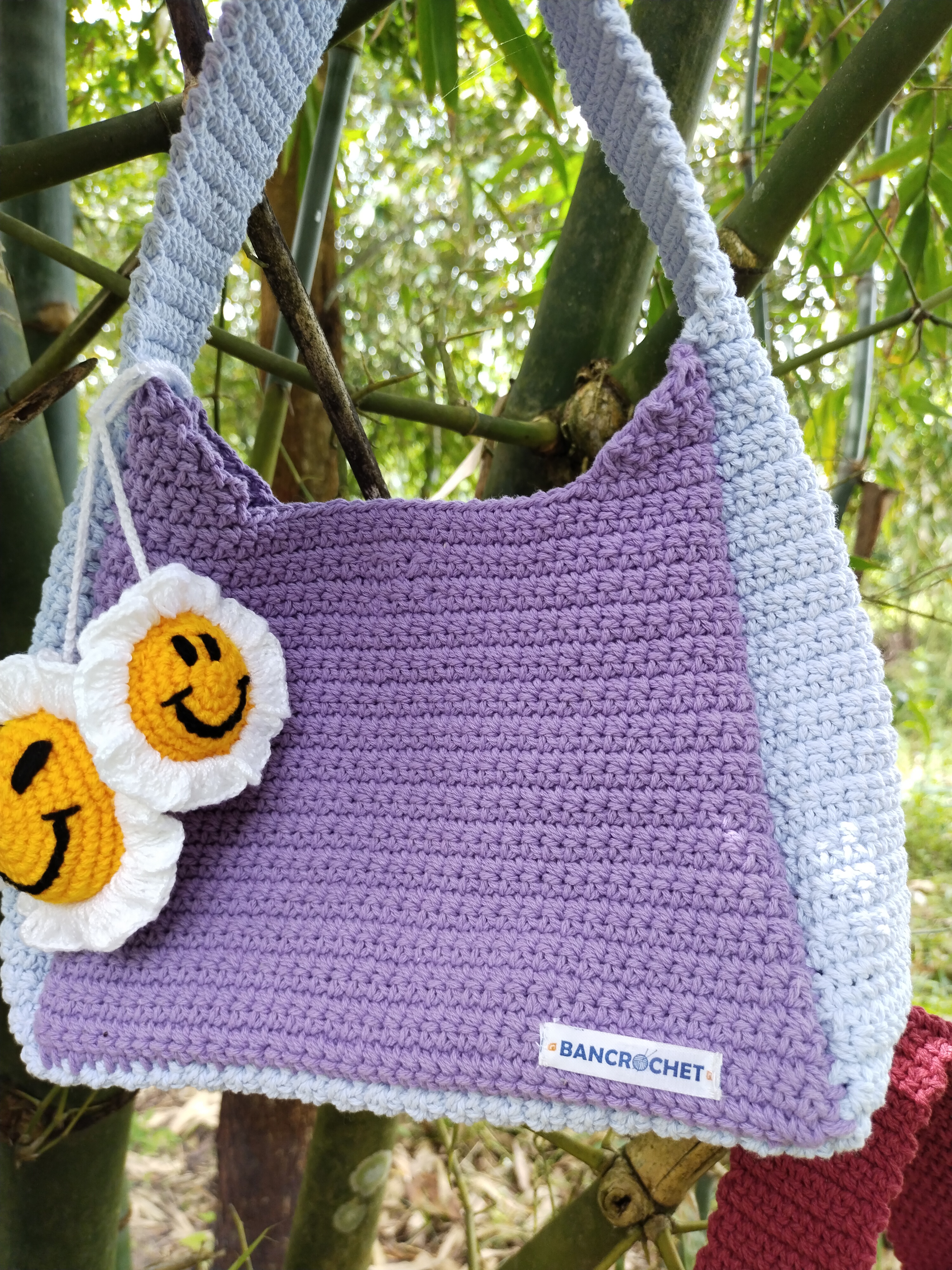 Bancrochet กระเป๋าถักโครเชต์ crochet bag ม่วง 8*5.5 สาย 7 inch
