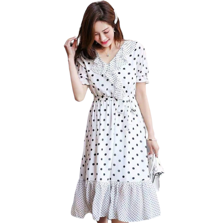 Dress4649 เดรสยาวลายจุดดำพื้นสีขาวชายระบาย ทรงคอวีแต่งระบาย แขนตุ๊กตา เอวสม็อคยางยืด มีซับในอย่างดีทั้งชุด ผ้าชีฟองเกรดพรีเมียมเนื้อดีนุ่มมีน้ำหนักทิ้งตัว งานดีทรงดีดูสวยแพง ทรงนี้สวยคลาสสิคสวมใส่ได้ทุกโอกาส