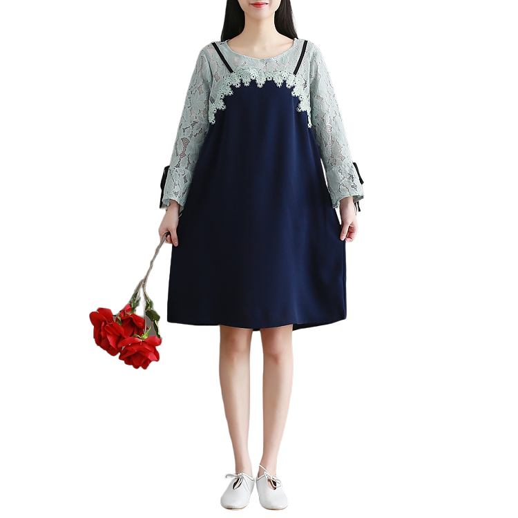 Dress4452 เดรสไซส์ใหญ่ทรงปล่อยอกลูกไม้สีกรมท่า แขนยาวแต่งระบาย ผ้าคอตตอนสแปนเด็กซ์เนื้อดีมีน้ำหนักทิ้งตัวยืดขยายได้ งานดีทรงดีสวยเรียบหรู ใส่เที่ยว/ใส่ทำงานได้
