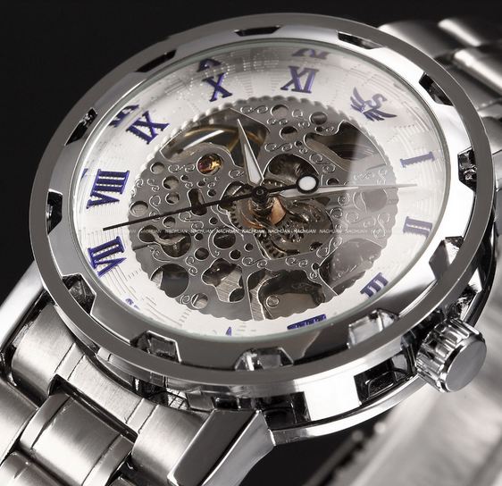 นาฬิกาข้อมือ โชว์กลไก Mechanical watch นาฬิกาข้อมือผู้ชาย สาย Stainless Steel ไม่ต้องใส่ถ่าน สีเงิน หน้าปัดขาว ตัวเลขโรมัน สีน้ำเงิน 268605_4