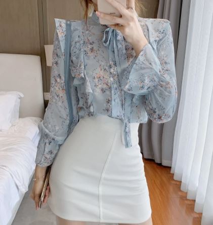 เสื้อเชิ้ตผู้หญิง เสื้อเชิ้ต แฟชั่น ผ้าซีฟอง สีฟ้า ลายดอกไม้ แต่งระบาย แสนสวย เสื้อแฟชั่น ใส่เที่ยว ใส่ทำงาน 753147