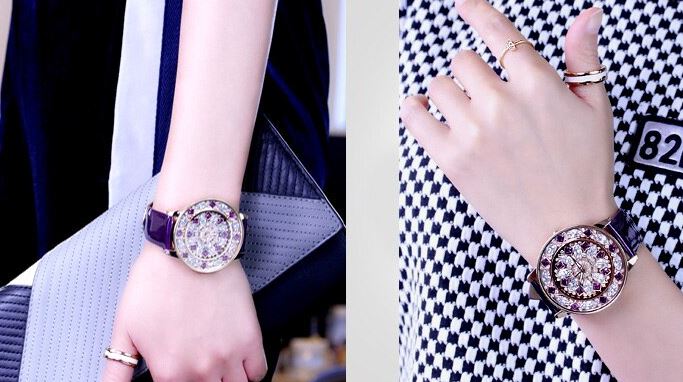 นาฬิกาข้อมือ ผู้หญิง นาฬิกาข้อมือ ตกแต่ง ด้วย คริสตรัลแท้ สวยหรู มีสไตล์ นาฬิกาสายหนังแท้ เก๋ ๆ 983011