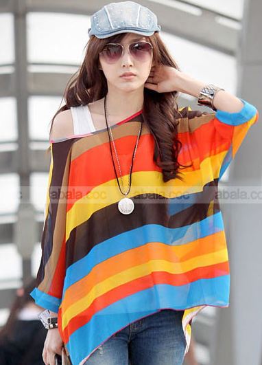 เสื้อคลุม ผ้าชีฟอง คอกว้าง เสื้อใส่เที่ยวทะเล ใส่เที่ยว สีแสบ แฟชั่น สุดเก๋ ลายขวาง สีส้ม เหลือง น้ำตาลฟ้า สลับแถว no 85154_5