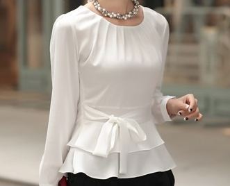 เสื้อเชิ้ต สีขาว แขนยาว ผ้าชีฟอง แบบสวย มีโบว์ที่เอว no 9638