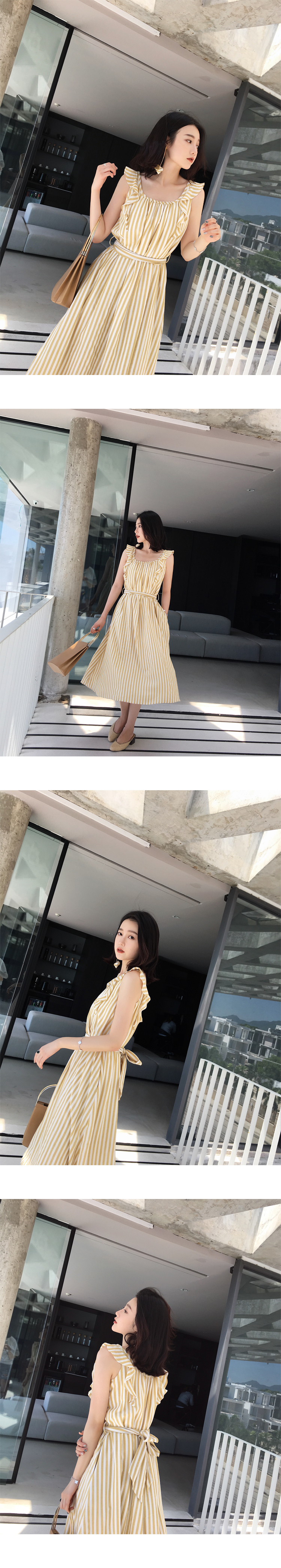 Dress4597 เดรสยาวทรงปล่อยลายทางโทนสีขาวเหลืองมัสตาร์ด สายบ่าแต่งระบาย มีผ้าผูกเอว ผ้าลินินเนื้อดี