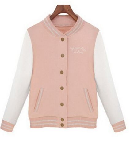 เสื้อ แจ็คเก็ต ผู้หญิง สไตล์ เสื้อ เบสบอล สีชมพูหวาน ๆ แขนสีขาว เสื้อ jacket แฟชั่น สาวยุโรป ใส่เที่ยว ใส่กันแดด 213836_1