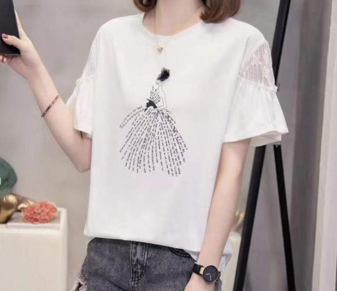 เสื้อยืด ผู้หญิง แฟชั่น เสื้อยืด คอกลม แบบสวย ๆ แขนระบาย ดีไซน์ เป็น ลูกไม้ แบบเก๋ ๆ เสื้อยืด สีขาว ดำ ใส่เที่ยว สวย ๆ 576687