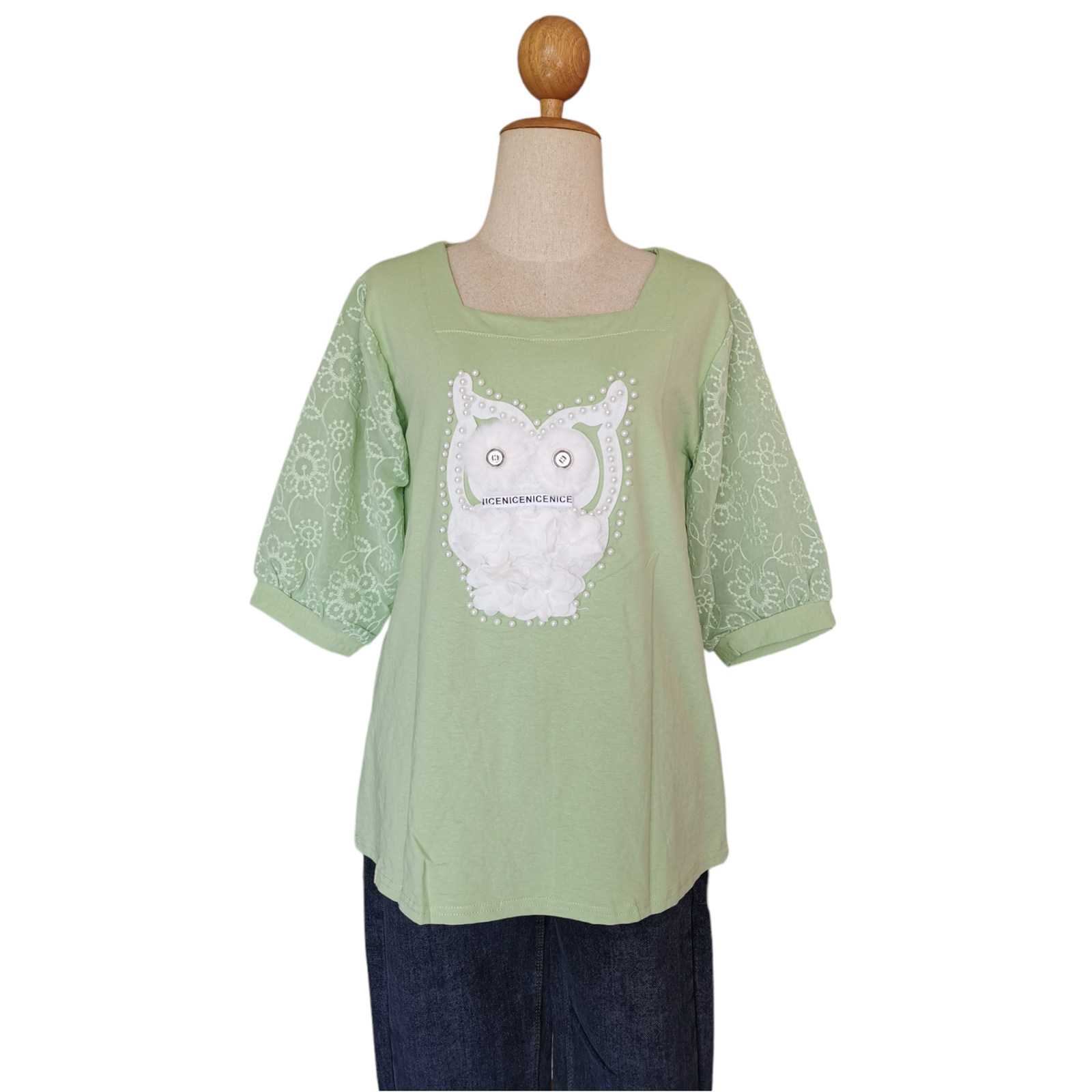 Blouse3864 เสื้อยืดแฟชั่นสาวอวบแขนชีฟองลูกไม้ แต่งลายนกฮูกน่ารัก งานแต่งอะไหล่แน่นๆ จัดเต็ม ผ้าคอตตอนบอดี้สูทเนื้อดีหนานุ่มเด้งมีน้ำหนักยืดหยุ่นสูงใส่สบาย งานน่ารักโทนสีพาสเทล
