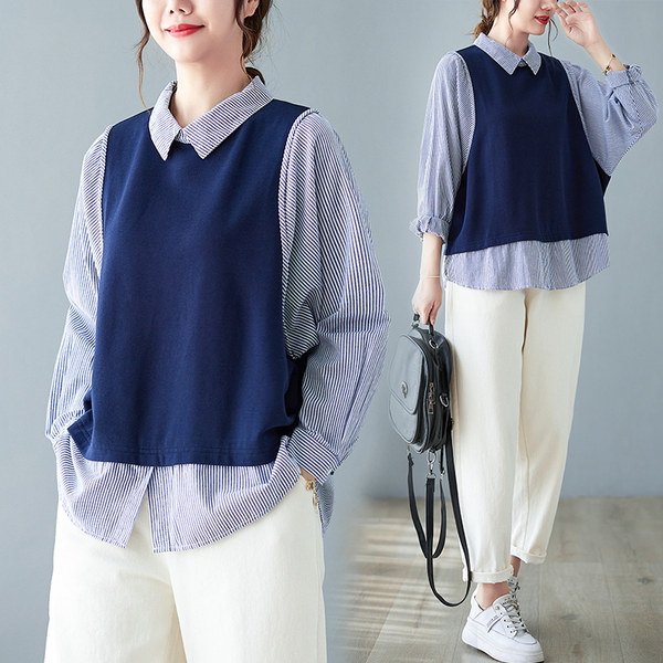 เสื้อทีเชิ้ตคนอ้วนผู้หญิงสไตล์คอตตอนลินินมีไซต์อก 47-48 นิ้ว