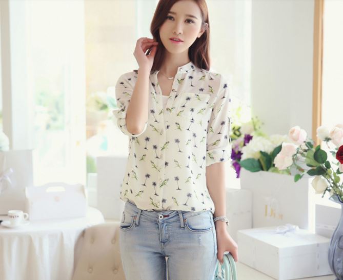 เสื้อแฟชั่นผู้หญิง ผ้าชีฟอง ใส่กับ เสื้อทับ เสื้อชีฟอง ลาย Print ตัวนก เสื้อใส่เที่ยว แบบดูดี มีสไตล์ 185317