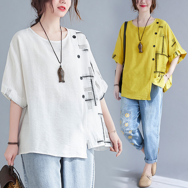 เสื้อลินินคนอ้วน เสื้อทีเชิ้ตคนอ้วนผู้หญิง เสื้อทีเชิ้ตตัวใหญ่ By Literary Plus size