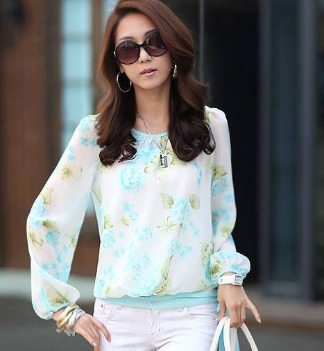 เสื้อเชิ้ตแขนยาว ผ้าชีฟอง ลายดอกกุหลาบ หวาน ๆ สีฟ้า เสื้อแฟชั่น สุดหรู แขนยาว ติดโบว์ด้านข้าง น่ารัก ใส่เที่ยว ใส่ทำงาน 979272