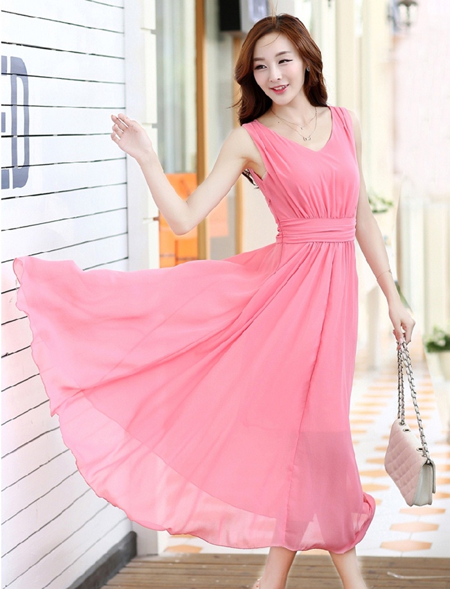 ชุดเดรสยาวชีฟองแขนกุด