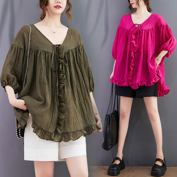 เสื้อลินินคนอ้วน เสื้อทีเชิ้ตคนอ้วนผู้หญิง เสื้อทีเชิ้ตตัวใหญ่ By Literary Plus size