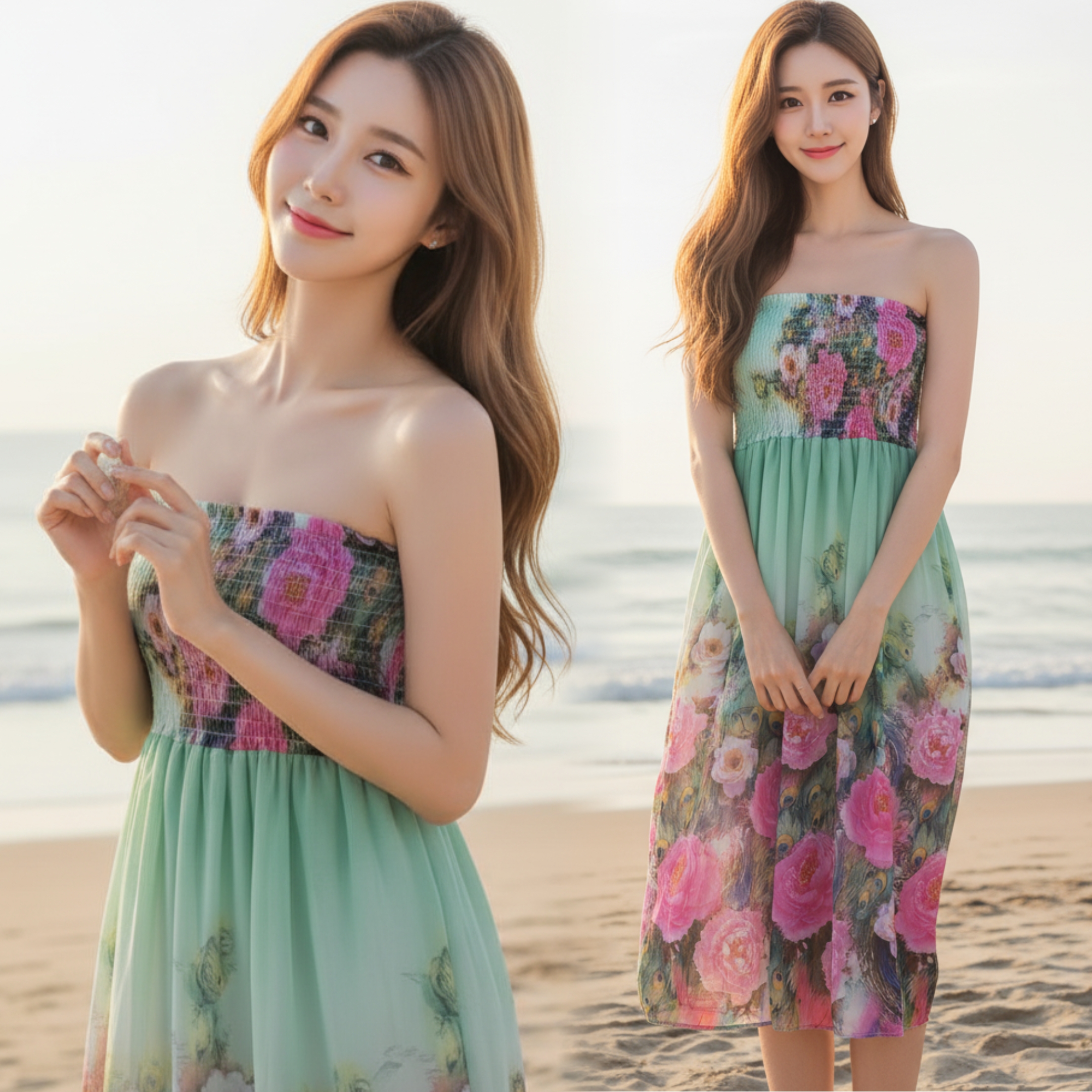 🌺 Dress4723 เดรสเกาะอกชีฟองยาว ลุคหวานซ่อนเปรี้ยวที่พร้อมสะกดทุกสายตา มี 2 โทนสี เขียว, ชมพู