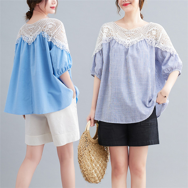 เสื้อทีเชิ้ตคนอ้วนผู้หญิงสไตล์คอตตอนลินินมีไซต์อก 47-48 นิ้ว