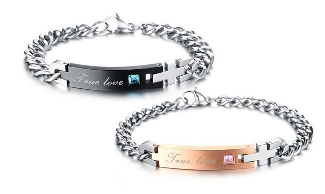 สร้อยข้อมือผู้ชาย กำไลข้อมือผู้ชาย ผู้หญิง สร้อยข้อมือคู่ ชาย หญิง Stainless Steel ออกแบบเป็นคู่ ผู้ชายสีดำ ผู้หญิง สี Rose Gold ของขวัญสุดพิเศษ 467894