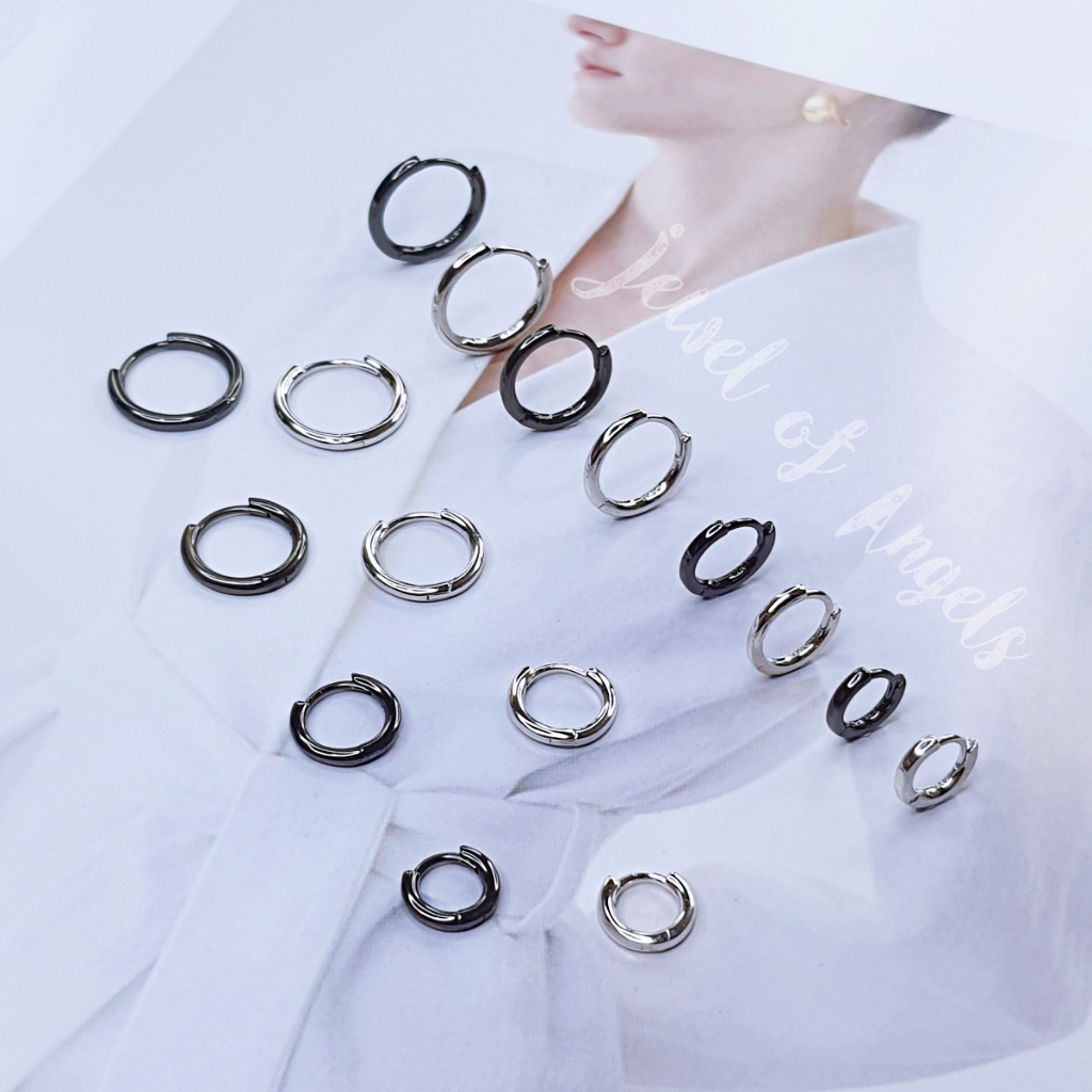 ต่างหูเงินแท้S925 รุ่น Basic Round ต่างหูห่วงหนา ล็อคปลาย เบสิคมินิมอล เงินแท้ทั้งชิ้น สีเงิน สีดำ Silver925