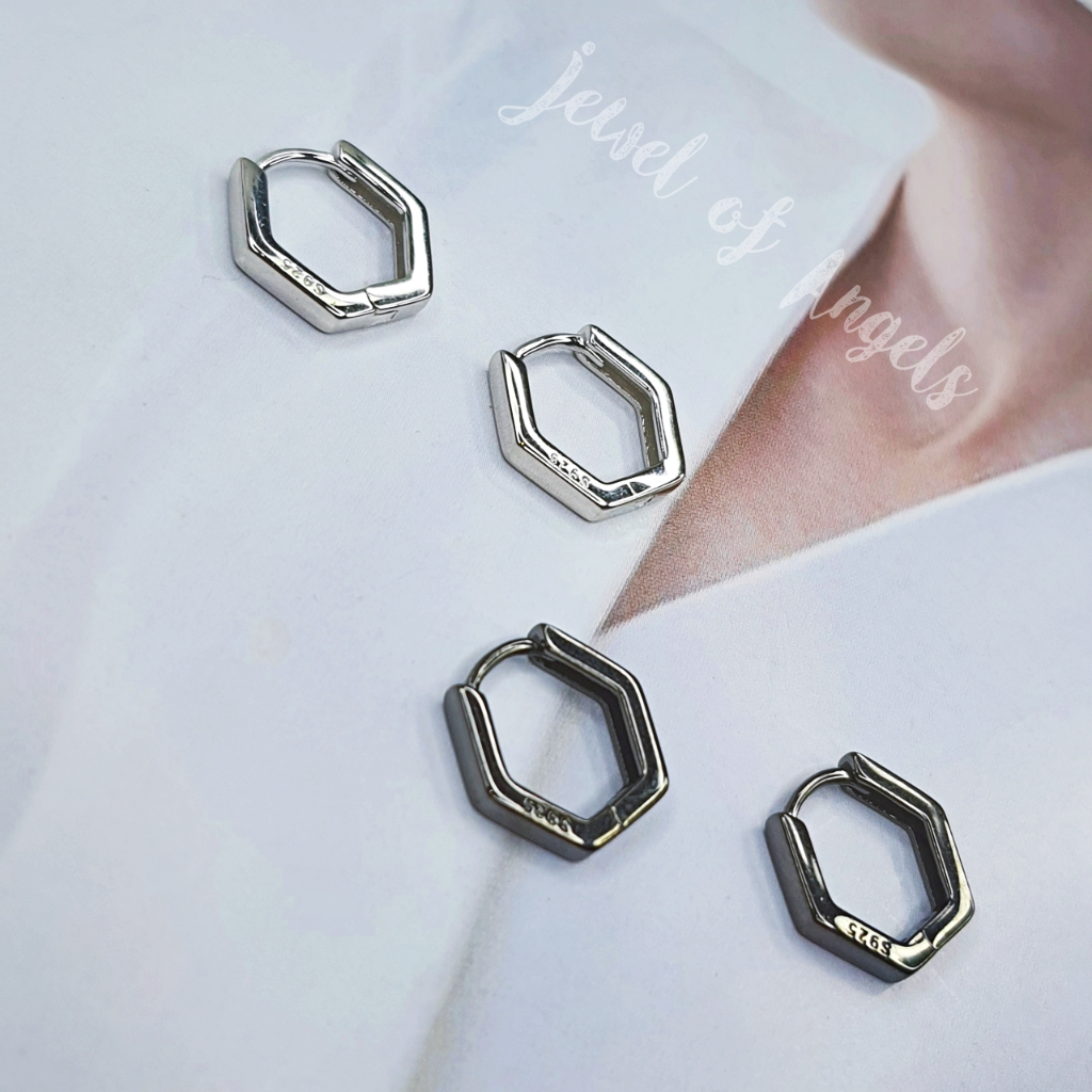 ต่างหูห่วงเงินแท้ S925 รุ่น Hexagon ห่วงหกเหลี่ยม มินิมอล สีเงิน สีดำ ตุ้มหูห่วง เงินแท้ทั้งชิ้น Silver925