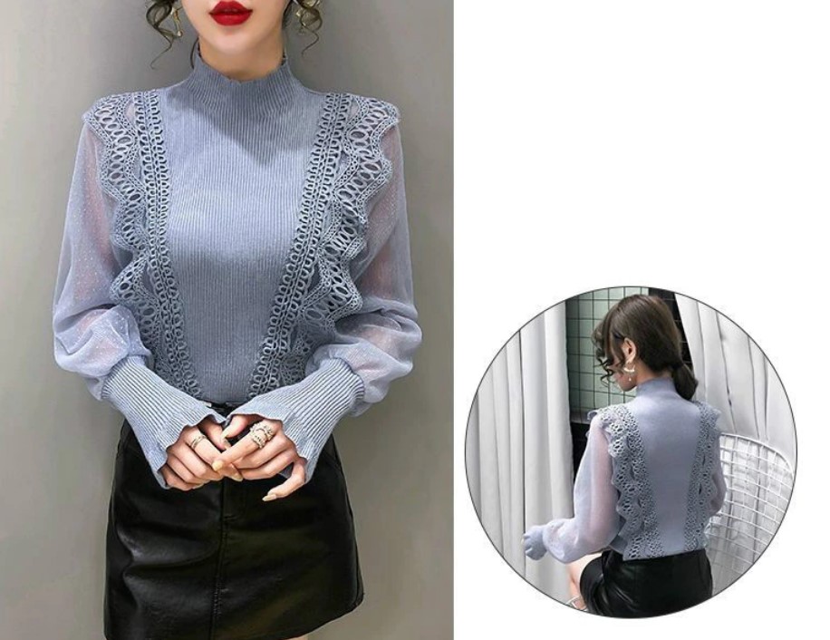 เสื้อเชิ้ตผู้หญิง เสื้อเชิ้ต แฟชั่น สวย ๆ ผ้าลูกไม้ ผสมผสาน กับผ้าซีฟอง ดูหรูหรา เสื้อเชิ้ตใส่ทำงาน สวย ๆ 704042