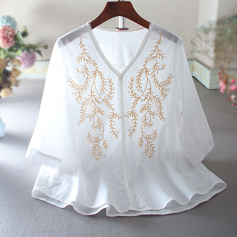 เสื้อลินิน เสื้อผ้าฝ้ายลินิน เสื้อเชิ้ตผ้าลินิน ปักลายสวยๆด้วยด้าย สไตล์VINTAGE