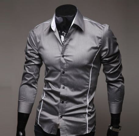 เสื้อเชิ้ตผู้ชาย แขนยาว เสื้อเชิ้ต ใส่ทำงาน ใส่เที่ยว สีเทา แบบ สลิมฟิต สำหรับผู้ชายหุ่นดี แต่งเส้นขอบ เสื้อคอปก แบบเท่ ๆ 206200_1