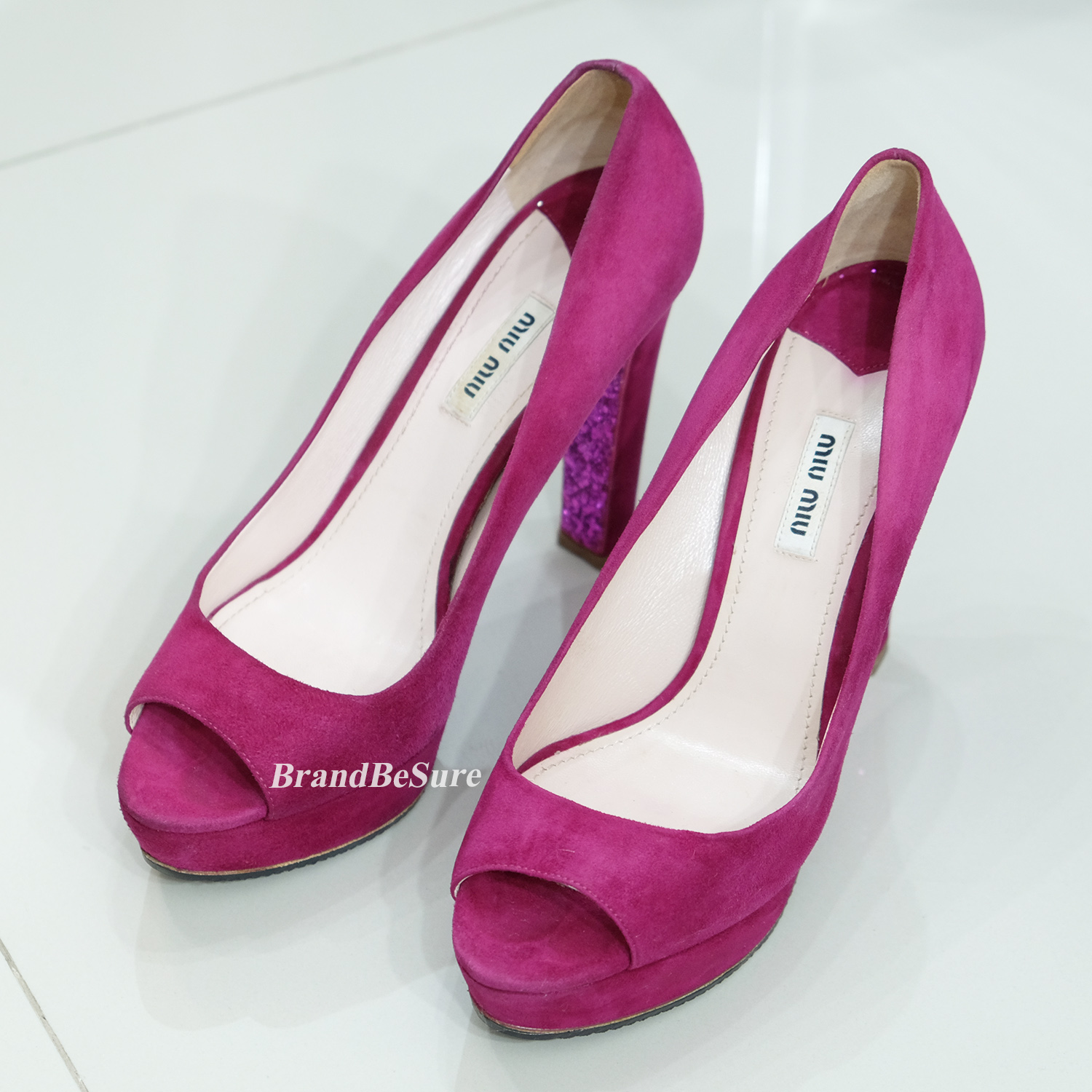 Miu Miu Fushia Pink Suede (Goat) Peep Toes Glitter Heel 5.5" Size 40
