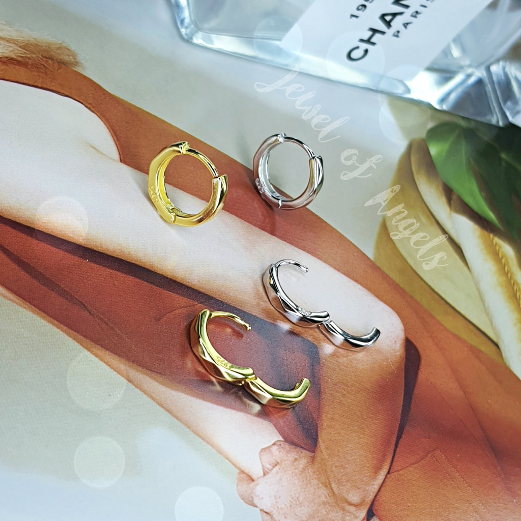 ต่างหูห่วงเงินแท้ S925 รุ่น Rhombus ห่วงลายไดมอนด์ สูงวงนอก 10.8 mm สีเงิน สีทอง ตุ้มหูห่วง Silver925