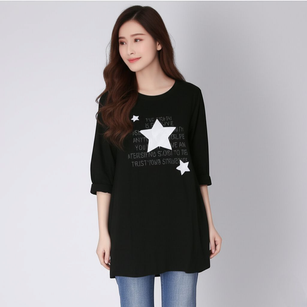 ⭐ Blouse4033 เสื้อยืดสาวอวบไซส์ใหญ่ สกรีนลายดาว แขนยาวทรงปล่อย ใส่สบาย