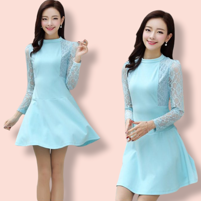 Dress3977 ชุดเดรสทรงสวย แขนยาวลูกไม้เนื้อนุ่ม ผ้าเนื้อดีหนาสวยมีน้ำหนักทิ้งตัว มีซิปหลังใส่ง่าย งานดีเกรดพรีเมี่ยม งานสวยเหมือนราคาหลักพัน ใส่ทำงาน/ใส่ออกงานได้ **พร้อมส่งสีฟ้าสีเดียว