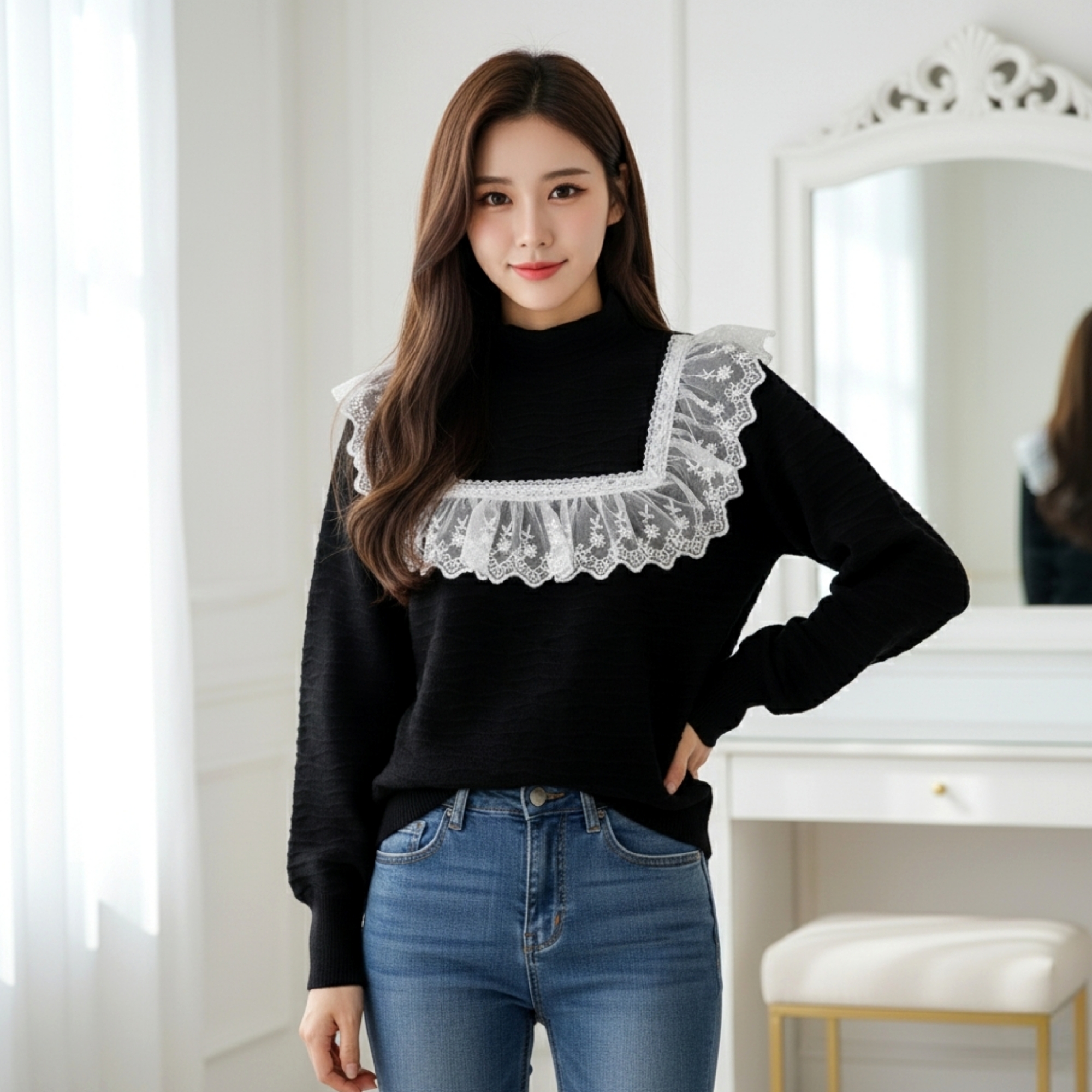 Blouse3987 เสื้อแฟชั่นนำเข้า เสื้อแขนยาวสีดำ อกแต่งลูกไม้เพิ่มดีเทลความน่ารัก ผ้ากำมะหยี่เนื้อดีนุ่มใส่สบาย งานดีผ้าสวยนิ่มน่าใส่ งานน่ารักแมทช์ง่าย ใส่เที่ยว/ใส่ทำงานได้
