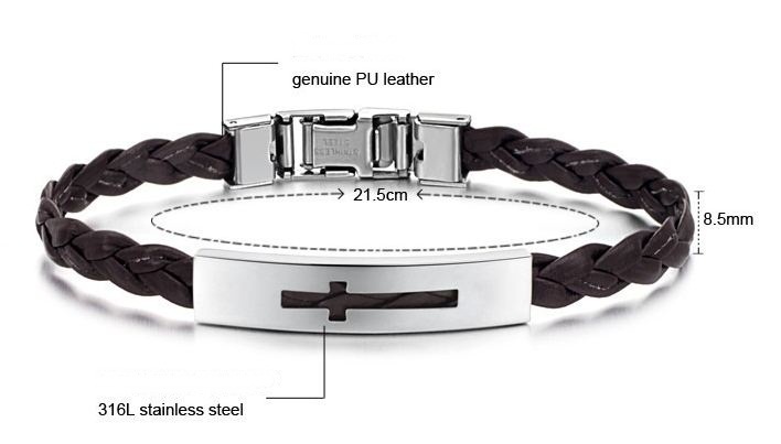 สร้อยข้อมือผู้ชาย กำไลข้อมือผู้ชาย หนังถัก สีดำ และ สีน้ำ ตกแต่งด้านหน้า เป็น ไม้กางเกง 316L Stainless Steel ไม่ลอก ไม่ดำ no 363476