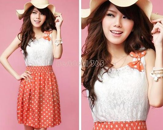 เดรสลายจุด สีส้ม สไตล์ สาวเกาหลี น่ารัก ด้านบน เป็น ผ้าชีฟอง สีขาว no 36893