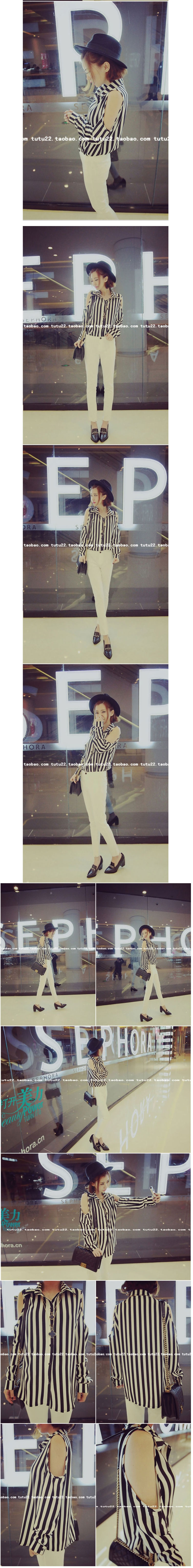 พร้อมส่ง - เสื้อแฟชั่น ชีฟองลายทางโชว์ไหล่ เก๋ๆ same pic