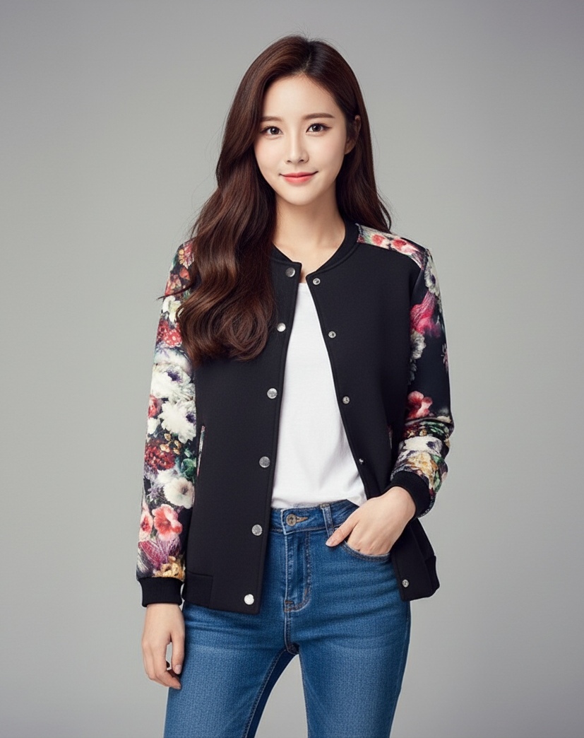 🌼🖤 Blouse3630 เสื้อคลุมแจ็กเก็ตสีดำแขนยาวลายดอกไม้สไตล์เกาหลี ลุคเท่และนุ่มนวลในเวลาเดียวกัน