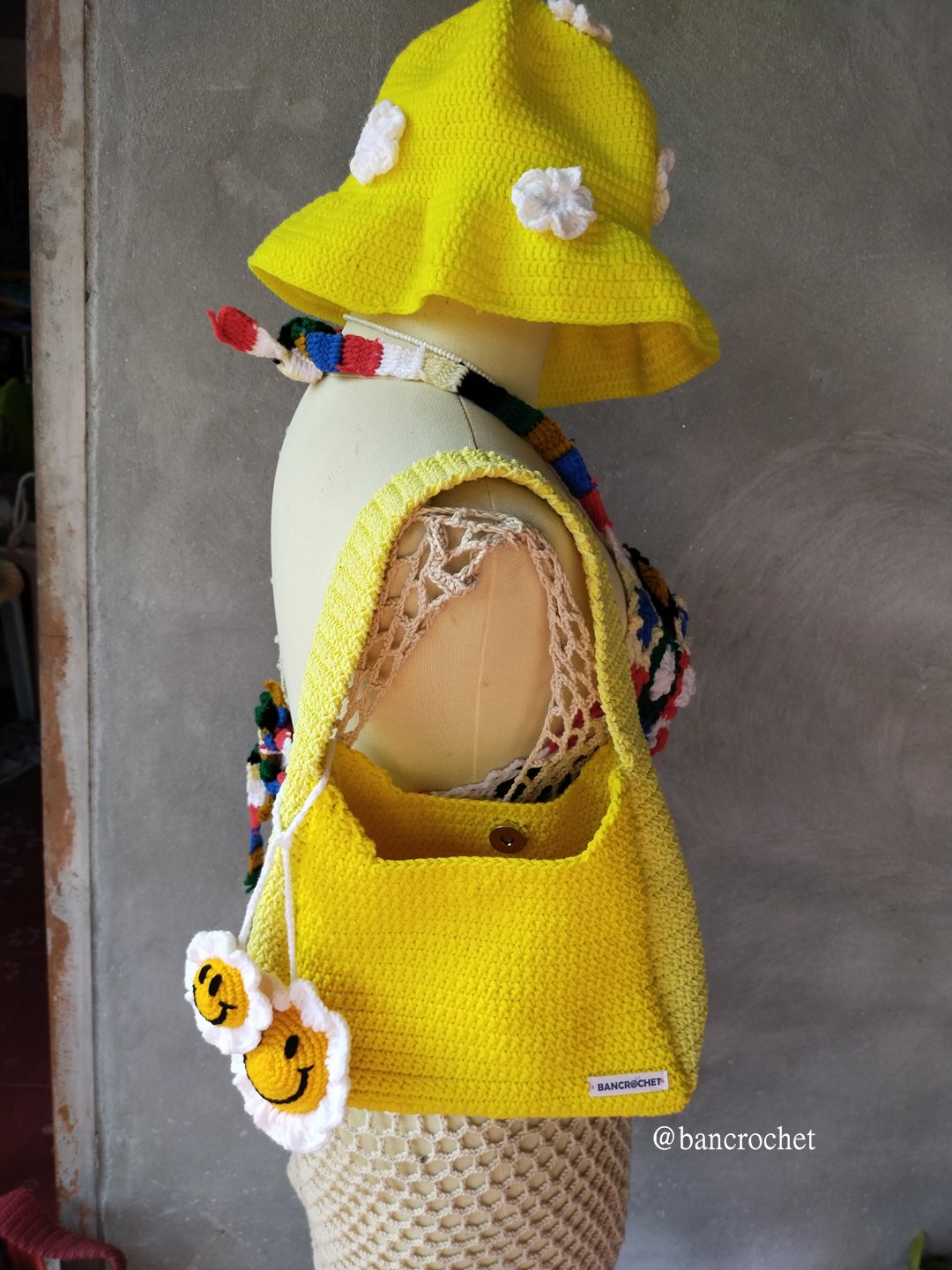 Bancrochet กระเป๋าถักโครเชต์ crochet bag เหลือง 8*5.5 สาย 7 inch