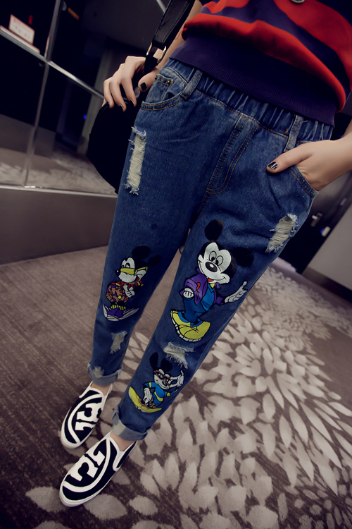 กางเกงยีนส์ สกรีนลายมิกกี้เมาส์ แต่งขาดๆ แนวๆ ทรงสวย พร้อมส่ง same pic