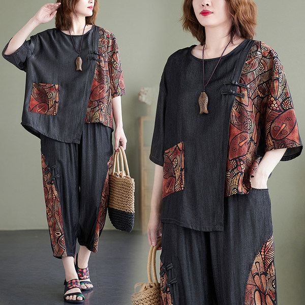 เสื้อทีเชิ้ตคนอ้วนผู้หญิงสไตล์คอตตอนลินินมีไซต์อก 47-48 นิ้ว