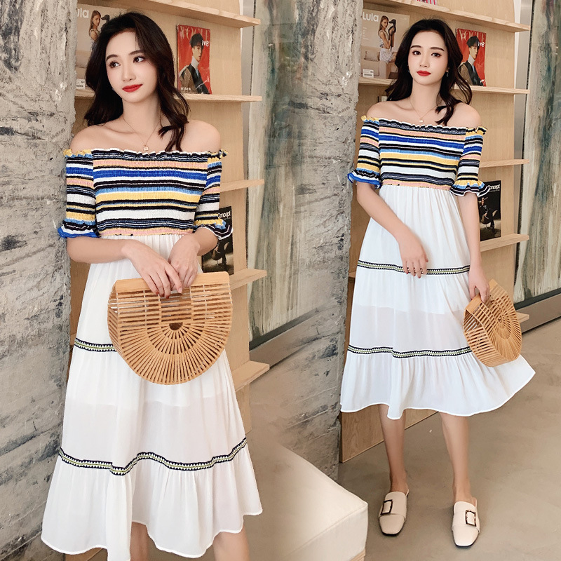 Dress4586 เดรสยาวเปิดไหล่สม็อครอบอกและเอว ช่วงบนผ้าคอตตอนลายริ้วโทนสีคัลเลอร์ฟูล ตัดต่อกระโปรงชีฟองเนื้อดีหนามีน้ำหนักสีขาวตกแต่งด้วยแถบเส้นลายกราฟฟิคดูมีดีเทล มีซับในอย่างดี งานเกรดพรีเมียมดูสวยแพง