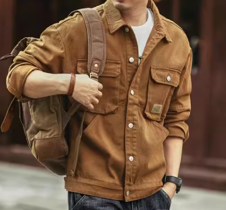 เสื้อยีนส์ แขนยาว Jacket ยีนส์ สีน้ำตาล เสื้อแจ็คเก็ตยีนส์ สีน้ำตาล สไตล์ วินเทจ สีหายาก กระดุมหน้า เท่ ๆ 252805