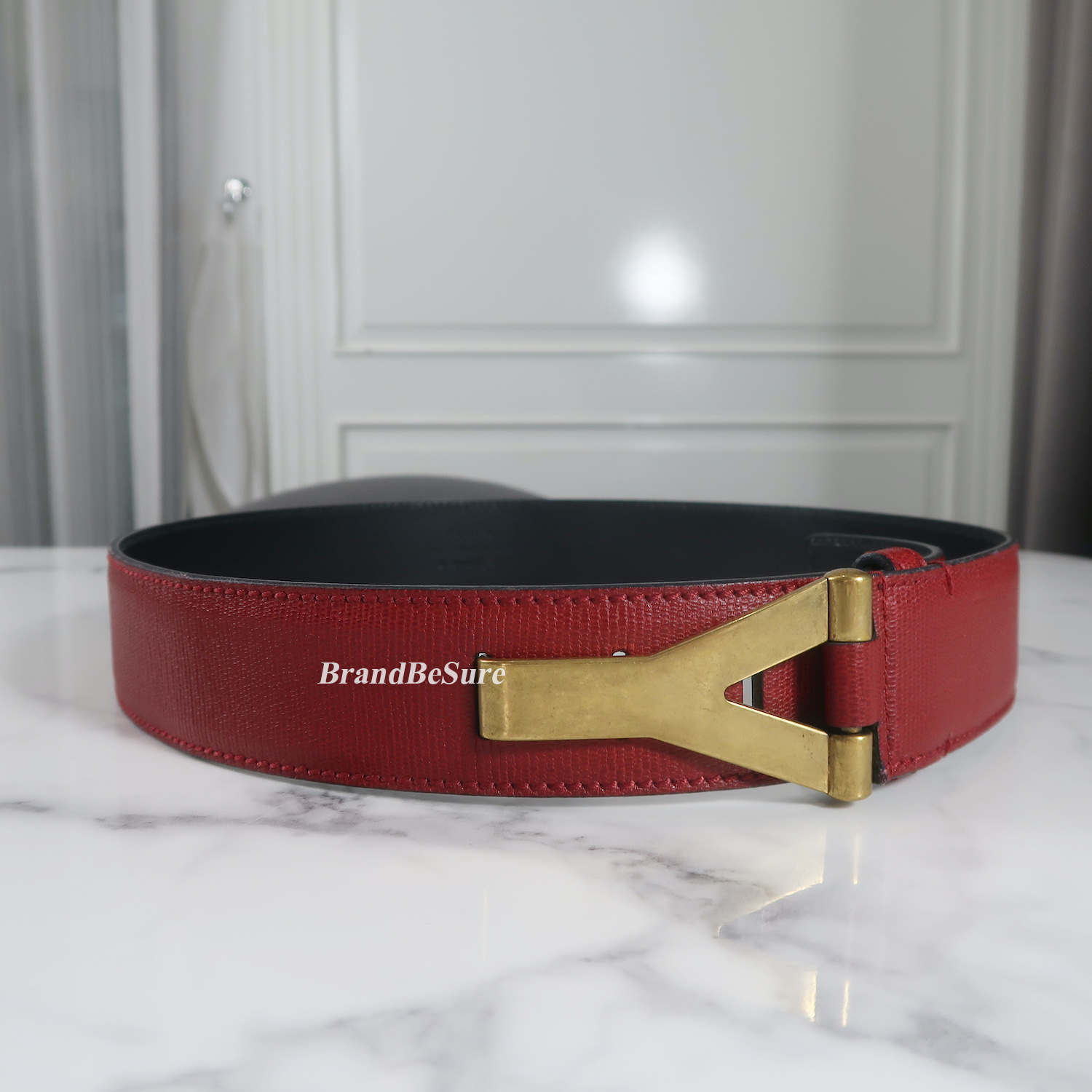Saint Laurent Red Calf Leather Chyc Belt Size 85