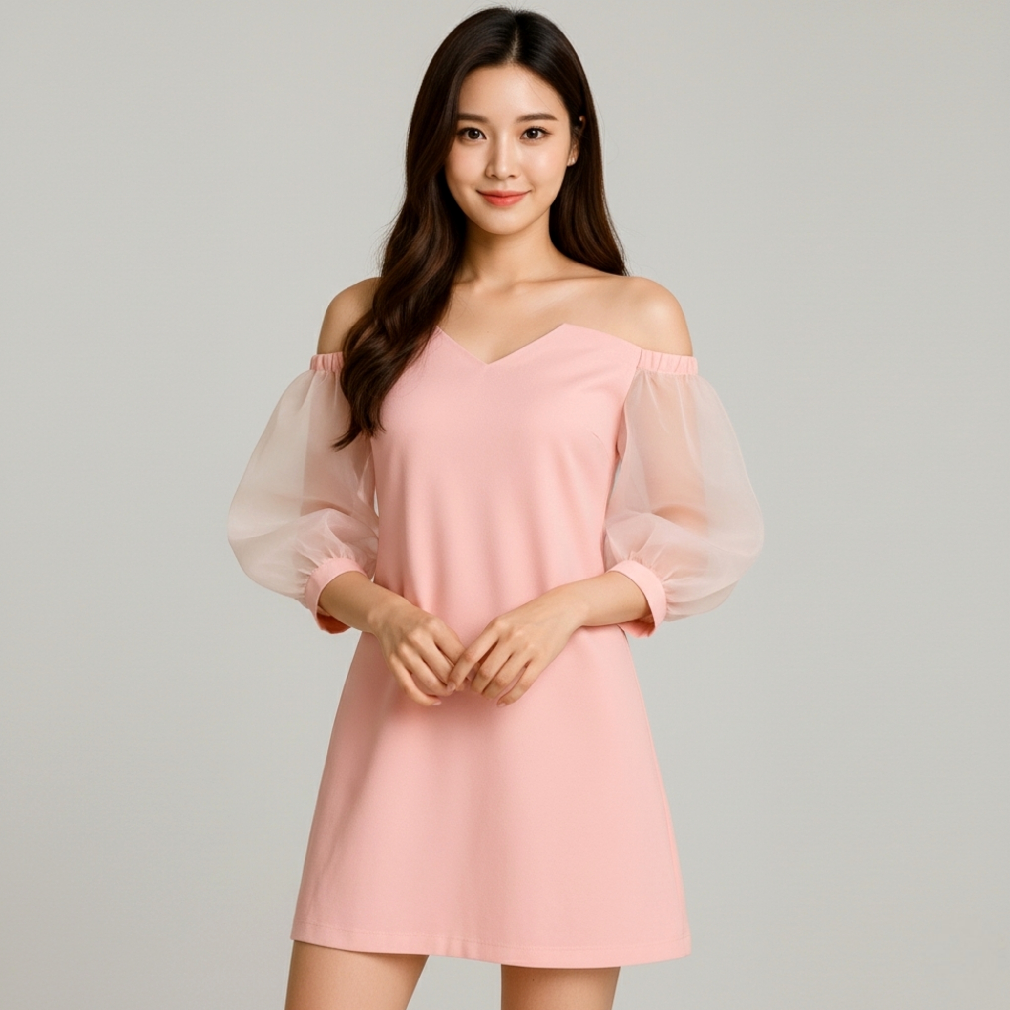 💗 Blouse3318 เสื้อเปิดไหล่ตัวยาวสีชมพูพาสเทล แขนผ้าแก้วซีทรูพองเบาๆ เพิ่มความฟรุ้งฟริ้งระดับเจ้าหญิง