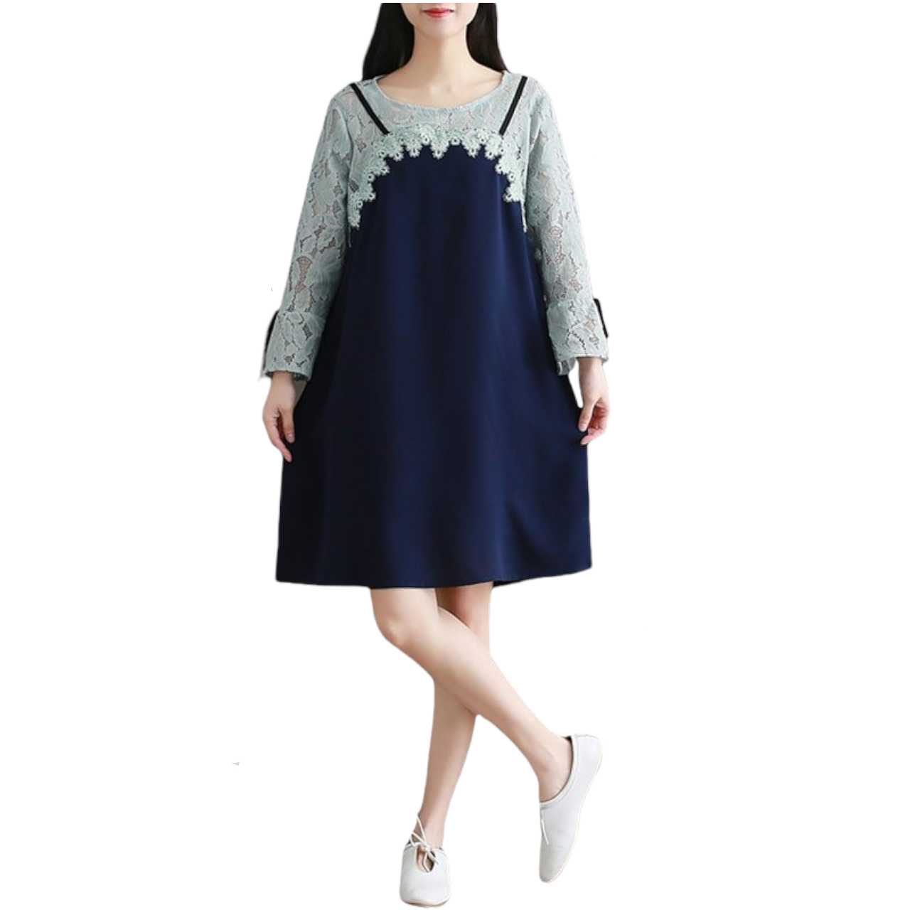 Dress4452 เดรสไซส์ใหญ่ทรงปล่อยอกลูกไม้สีกรมท่า แขนยาวแต่งระบาย ผ้าคอตตอนสแปนเด็กซ์เนื้อดีมีน้ำหนักทิ้งตัวยืดขยายได้ งานดีทรงดีสวยเรียบหรู ใส่เที่ยว/ใส่ทำงานได้