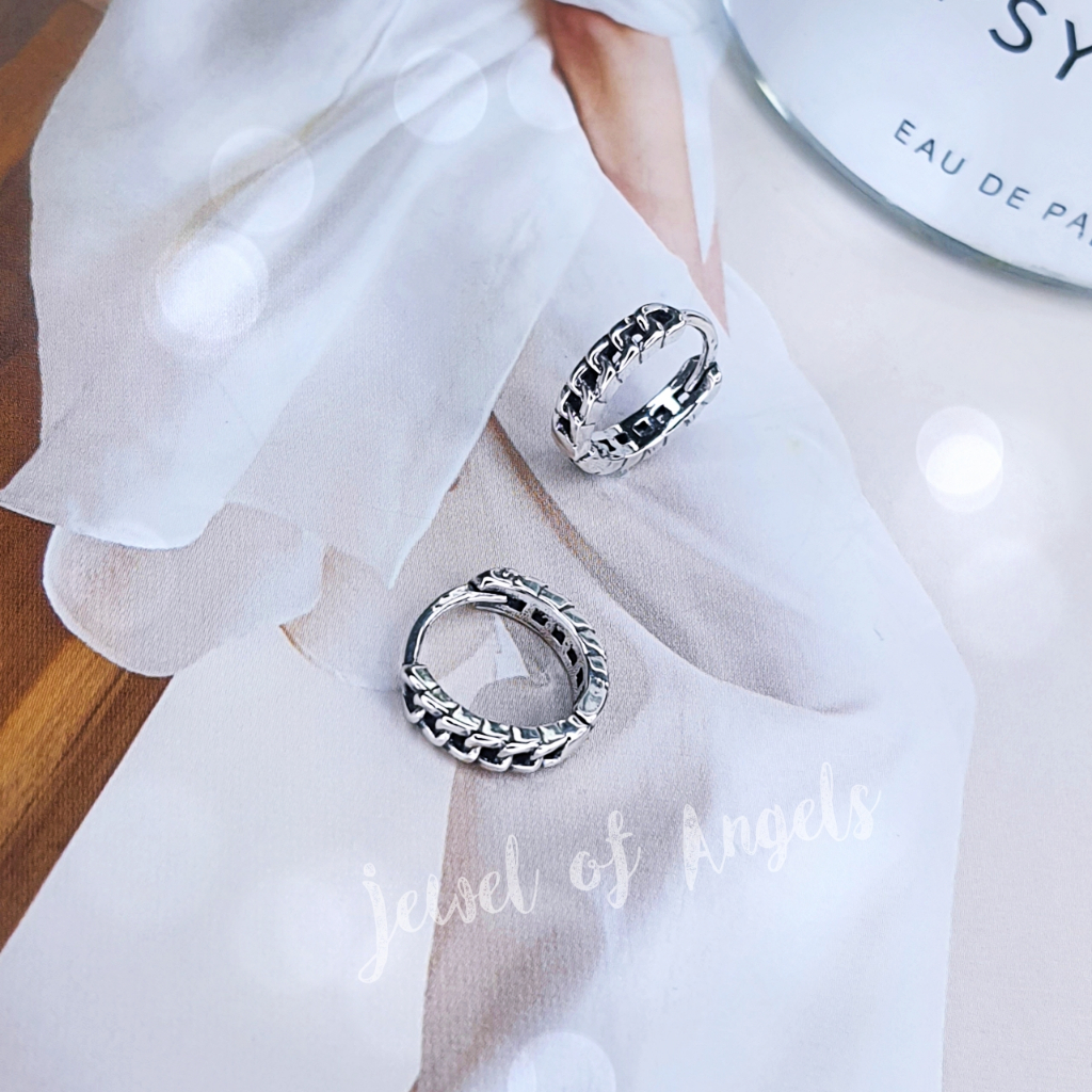 ต่างหูเงินแท้ S925 รุ่น Blithe ต่างหูห่วงเชือกวินเทจสีเงินรมดำ สูง11mm เงินแท้ทั้งชิ้น Silver925 ต่างหูผู้ชาย