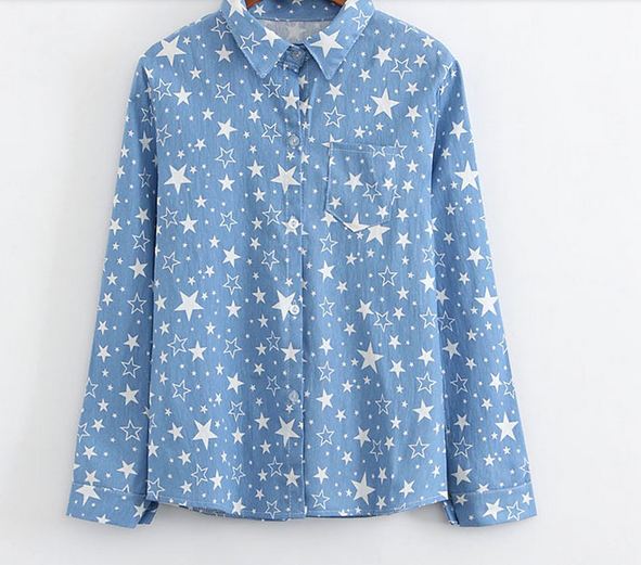 เสื้อเชิ้ตยีนส์ แขนยาว เสื้อยีนส์ แบบหวาน ๆ เท่ ๆ ลายเพ้นท์ ลายดาว น่ารัก เสื้อเชิ้ต แขนยาว สำหรับวัยรุ่น เสื้อยีนส์ สีฟ้า ใส่สบาย 566208_3