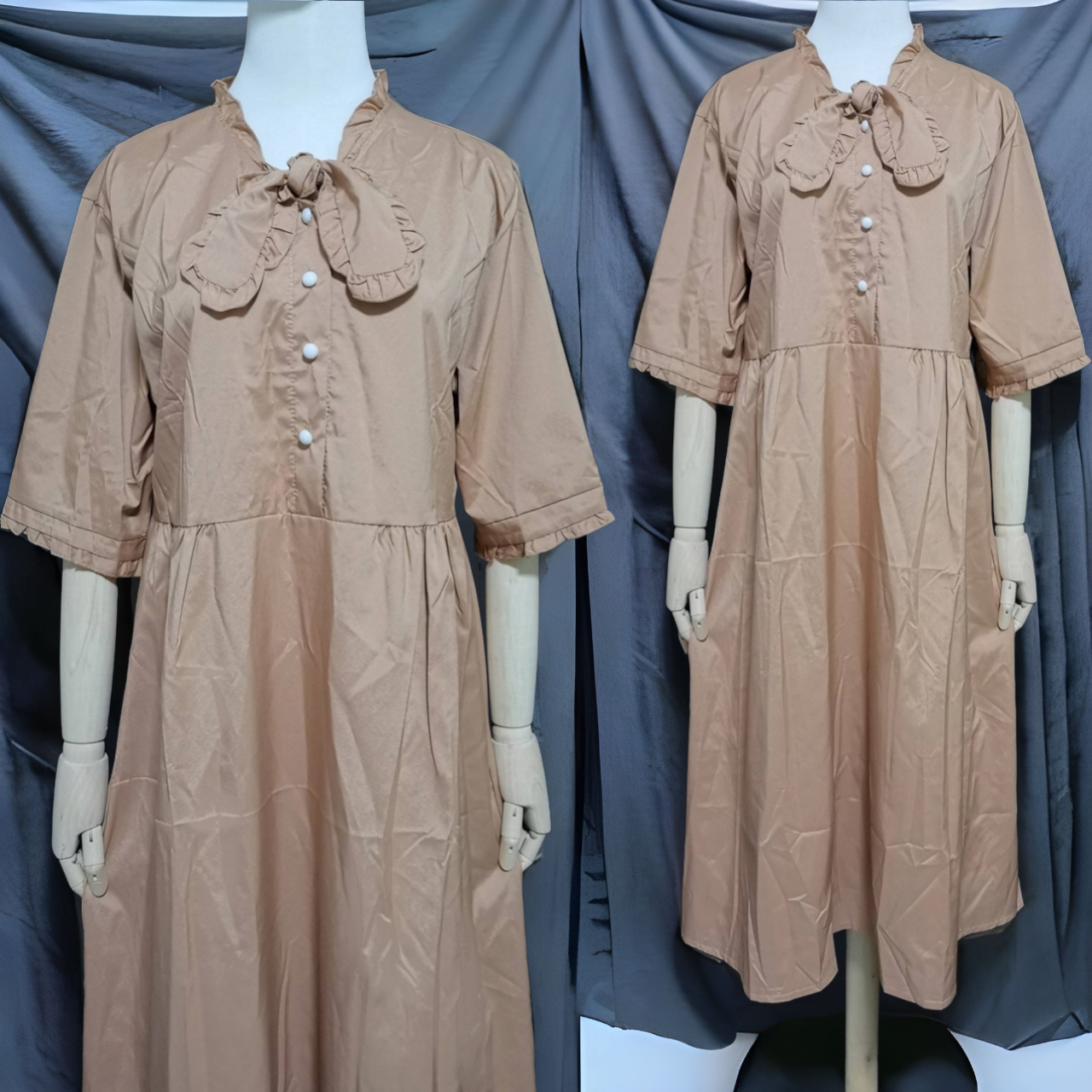 Dress4716 เดรสยาวทรงปล่อยสีพื้นน้ำตาลทอง กระดุมผ่าหน้าครึ่งตัว แขนสามส่วนแต่งระบายเล็กๆ ผ้าไมโครเนื้อดีนุ่มมีน้ำหนักทิ้งตัว งานดีทรงดีดูสวยแพง ทรงนี้สวยคลาสสิคสวมใส่ได้ทุกโอกาส