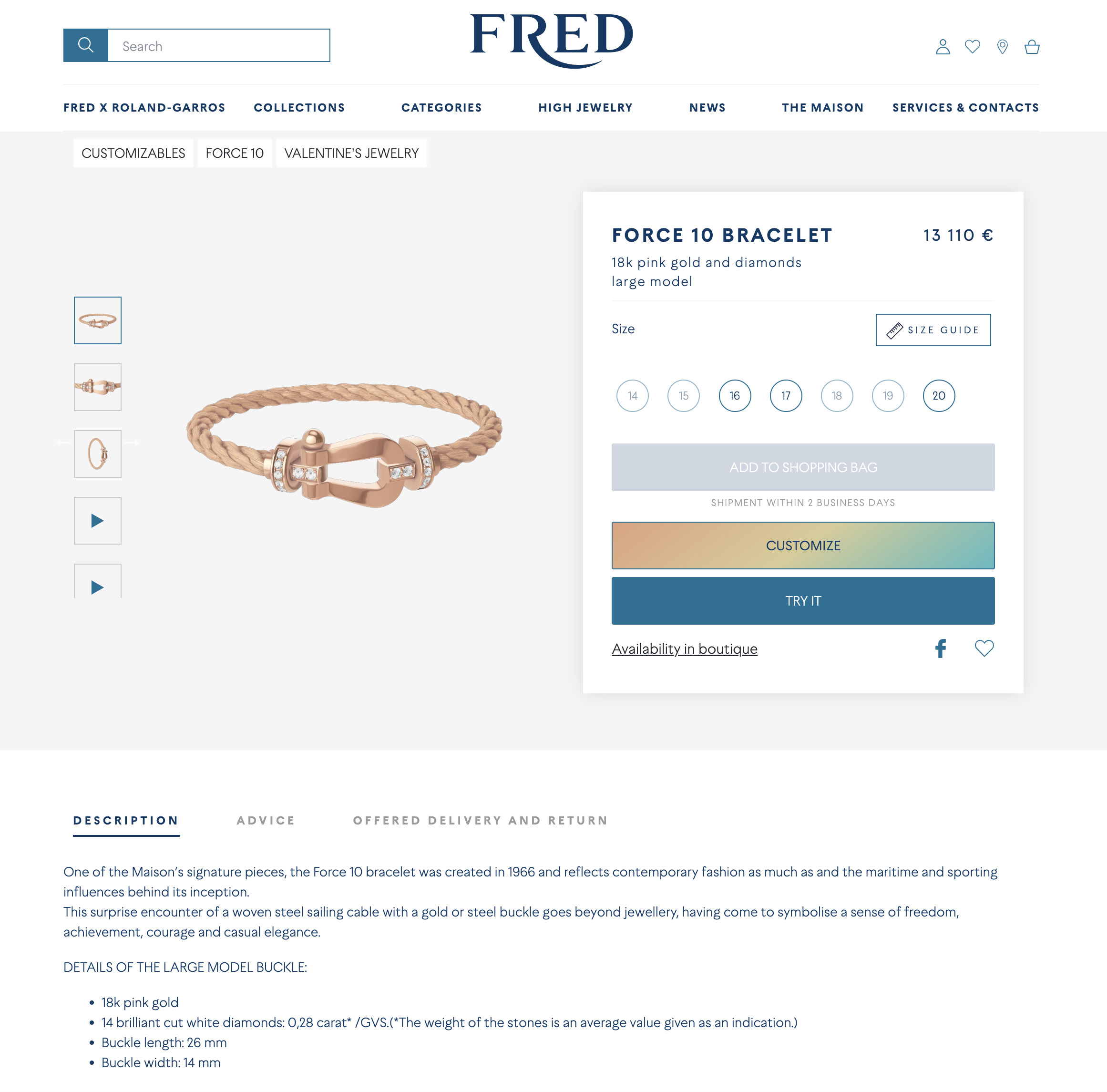 Fred Force 10 Pink Gold/Diamond Buckle Cable Bracelet