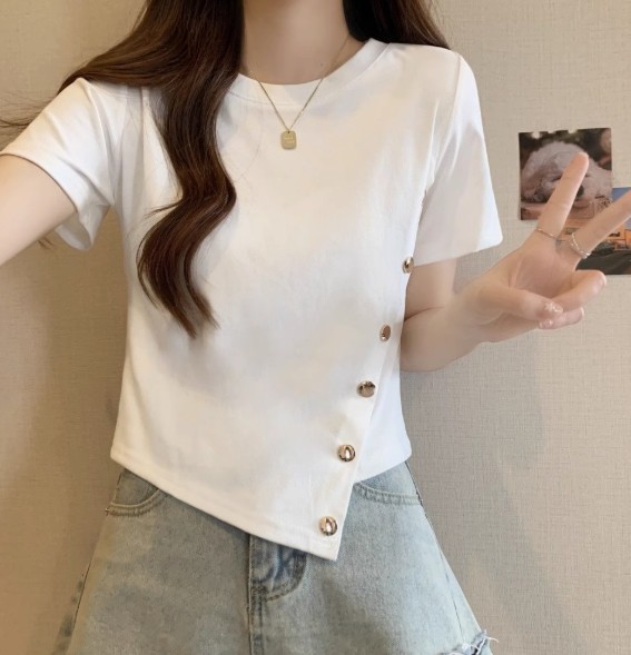 เสื้อยืดผู้หญิง เสื้อยืด แฟชั่น แขนสั้น กระดุมเฉียง ใส่เที่ยว น่ารัก ๆ เสื้อยืดแฟชั่น แบบมีสไตล์ 113559