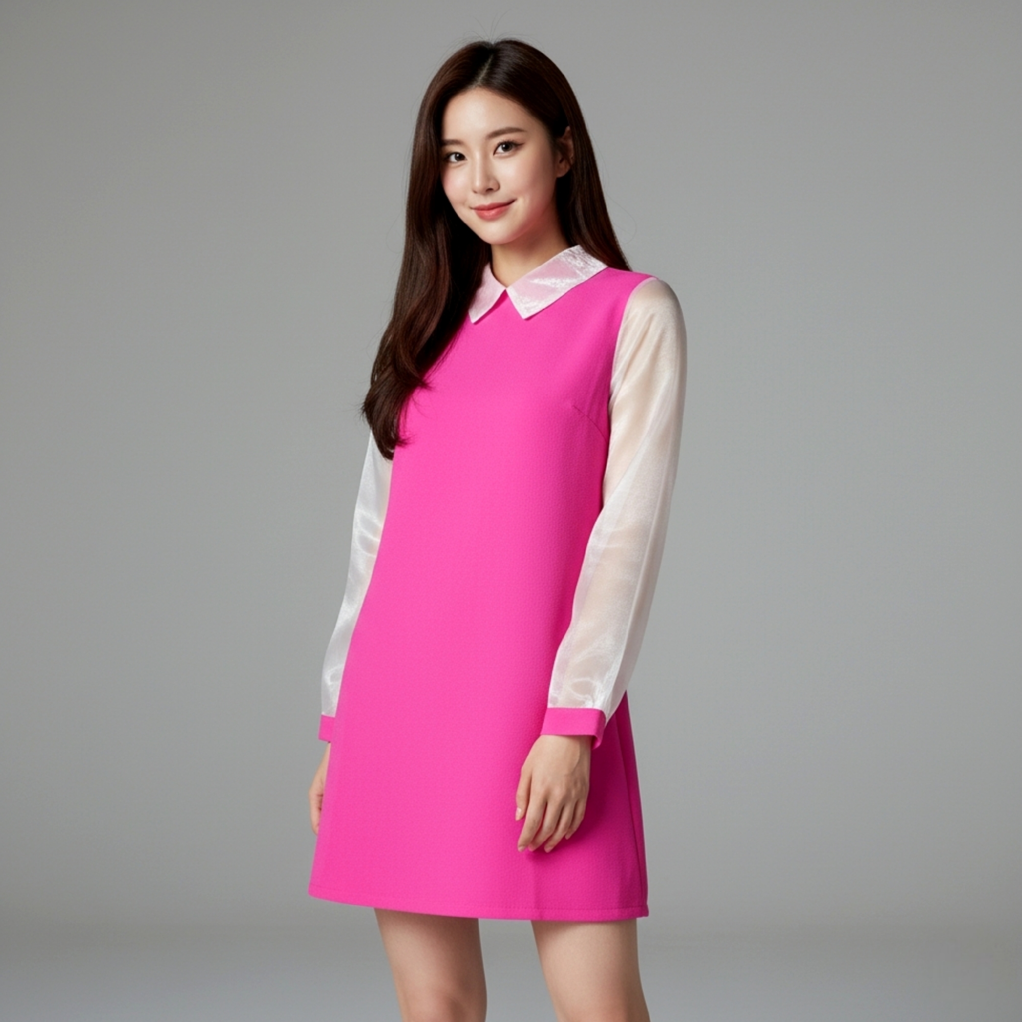 🌸 Dress3117 เดรสแขนยาวคอปกผ้าโฟร์เวย์สีชมพูช็อคกิ้งพิ้งค์ แต่งผ้าแก้วเนื้อนุ่มที่คอและแขน เติมลุคเกาหลีหวานละมุน เรียบหรูดูดีได้ทุกโอกาส